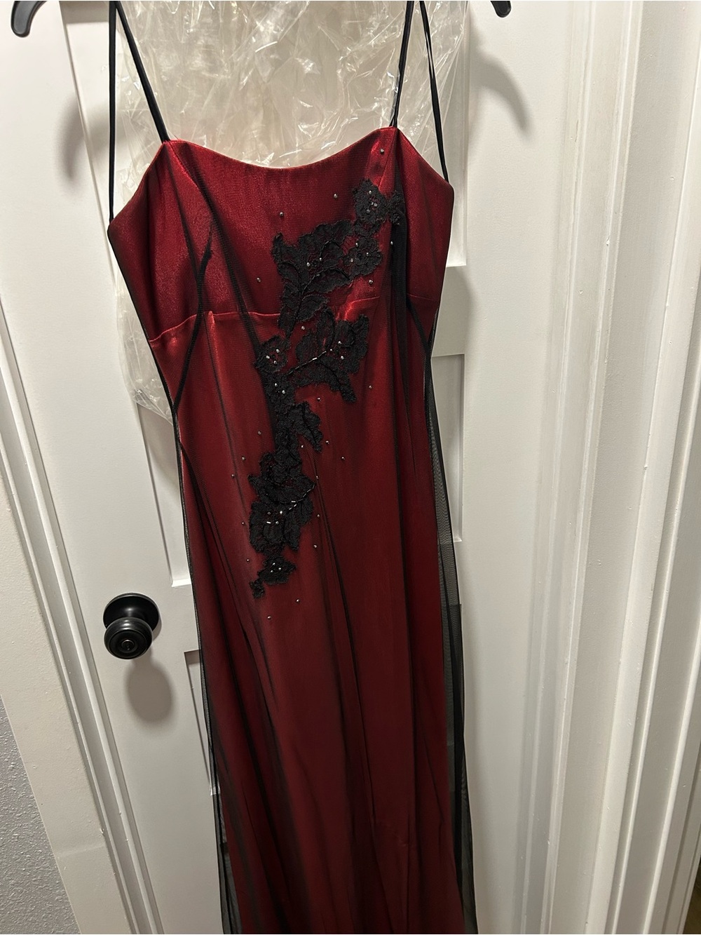 Vintage Dave & Johnny Red Strapless Evening Gown with Black Lace Overlay